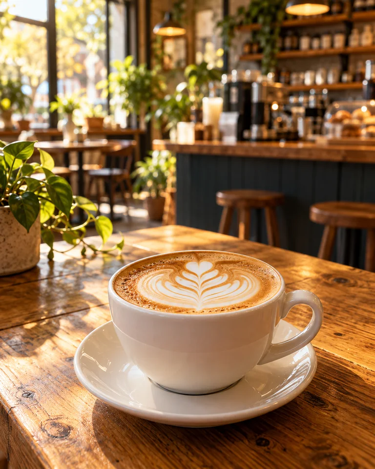Leaf latte art in a cup at a warm neighborhood café